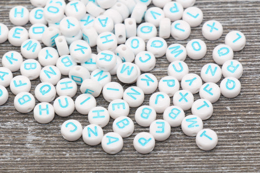 Blue Alphabet Letter Beads, Acrylic Blue and White Letters Beads, Round Acrylic Beads, Mix Letter Beads, Name Beads 7mm #129