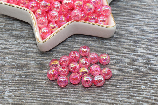 8mm Fuchsia AB Gumball Beads, Iridescent Acrylic Crackle Loose Beads, Bubblegum Beads, Chunky Beads, Smooth Round Plastic Beads #309