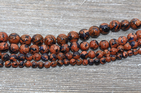Blue Gold Sandstone Beads, Multi Goldstone Beads, Smooth Gemstones Round Beads, Sizes 6mm 8mm 10mm,12mm, Full Strand 15.5" #47