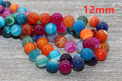 Rainbow Stripe Agate Beads, Multicolor Stripe Agate Beads, Smooth Gemstones Round Beads, Sizes 4mm 6mm 8mm 10mm,12mm, Full Strand 15.5" #49