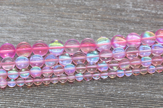 Pink Mystic Aura Quartz Beads, Holographic Gemstone Round Loose Beads, Iridescent Beads, Sizes 6mm 8mm 10mm 12mm, Full Strand #56