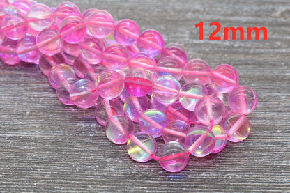 Pink Mystic Aura Quartz Beads, Holographic Gemstone Round Loose Beads, Iridescent Beads, Sizes 6mm 8mm 10mm 12mm, Full Strand #56