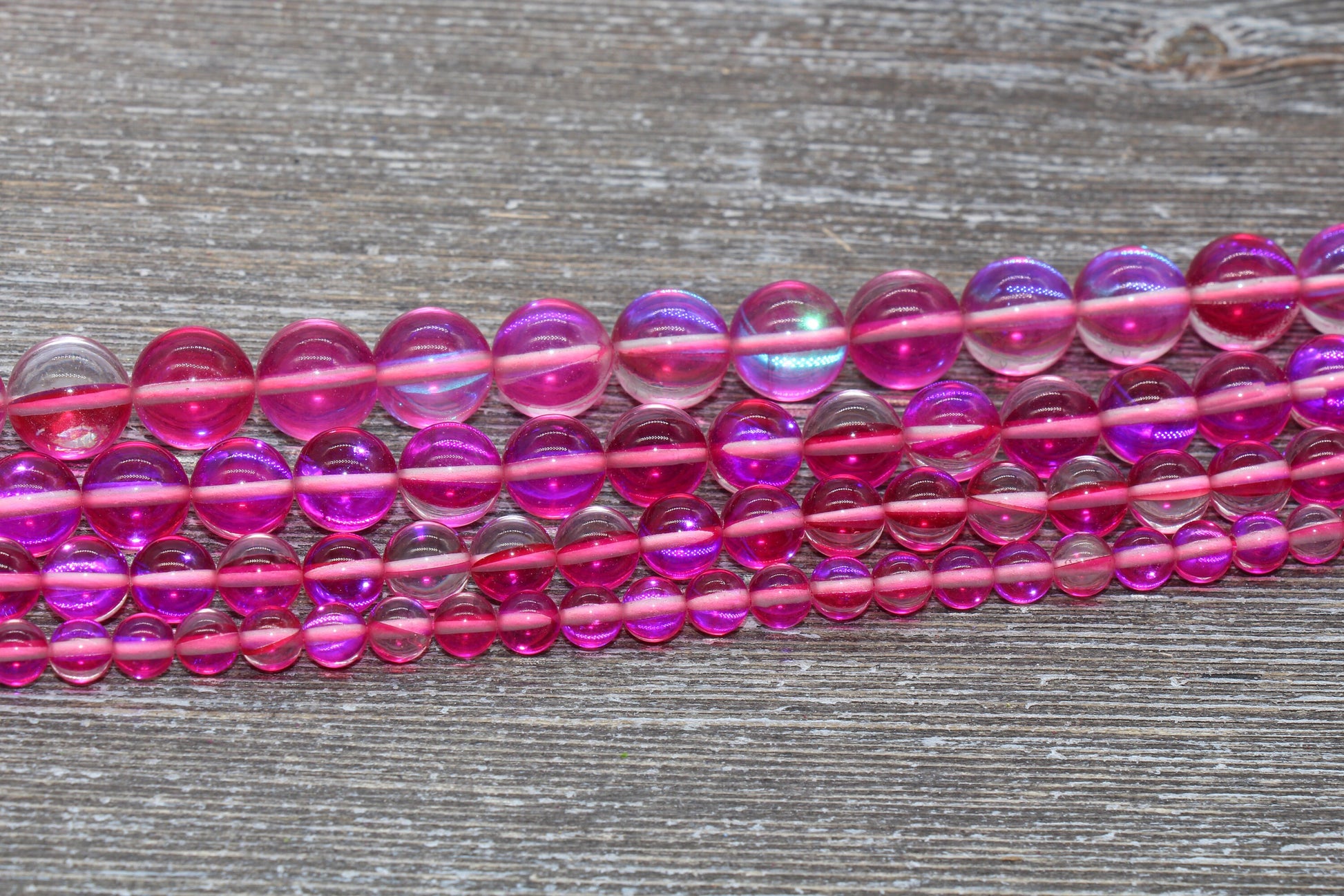 Hot Pink Mystic Aura Quartz Beads, Holographic Gemstone Smooth Round Loose Beads, Iridescent Beads, Sizes 6mm 8mm 10mm 12mm, Full Strand #58