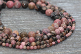 Natural Rhodonite Round Beads, Sizes 4mm 6mm 8mm 10mm, Full Strand 15.5 inch, #103