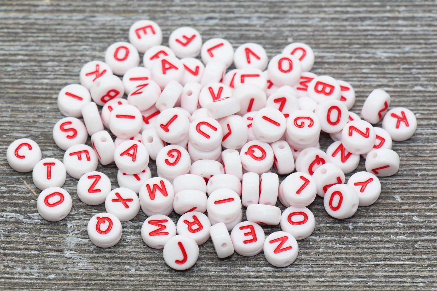 White and Red Alphabet Letter Beads, Acrylic White Letters Beads, Round Acrylic Beads, Mixed Letter Beads, Plastic Name Beads 7mm #352