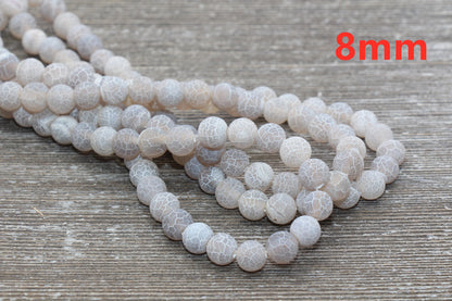 Gray Effloresce Agate Beads, Crackled Agate Bead, Frosted Round Matte Gemstone Loose Beads, 4mm 6mm 8mm 10mm 12mm, Full Strand, #129