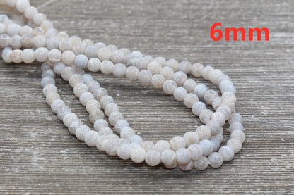 Gray Effloresce Agate Beads, Crackled Agate Bead, Frosted Round Matte Gemstone Loose Beads, 4mm 6mm 8mm 10mm 12mm, Full Strand, #129