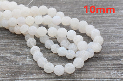 White Effloresce Agate Beads, Frosted Agate Beads, Crackled Agate Bead, Round Matte Gemstone Beads, Sizes 6mm 8mm 10mm, Full Strand #110