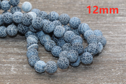 Black Effloresce Agate Beads, Frosted Agate Beads, Crackled Agate Bead, Round Matte Gemstone Beads, 4mm 6mm 8mm 10mm 12mm, Full Strand #111