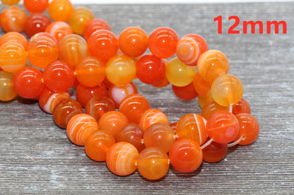 Orange Stripe Agate Beads, Natural Gemstone Smooth Round Beads, Sizes 4mm 6mm 8mm 10mm 12mm, Full Strand 15.5 inch, #134