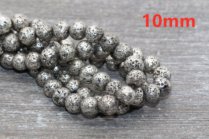 Lava Beads, Silver Plating Volcanic Rock Beads, Round Gemstone Beads, Electroplated, Sizes 6mm, 8mm 10mm, Full Strand 15.5 #140
