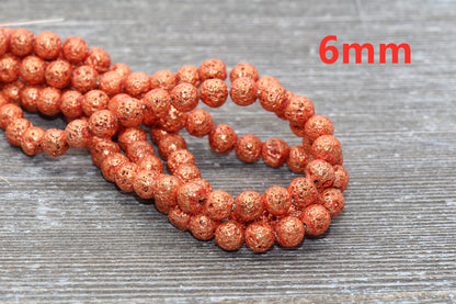 Lava Beads, Orange Plating Volcanic Rock Beads, Round Gemstone Beads, Electroplated, Sizes 6mm, 8mm 10mm, Full Strand 15.5 #142