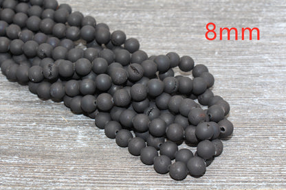 Black Druzy Agate Beads, Round Matte Gemstone Loose Beads, 6mm 8mm 10mm , Full Strand, #161