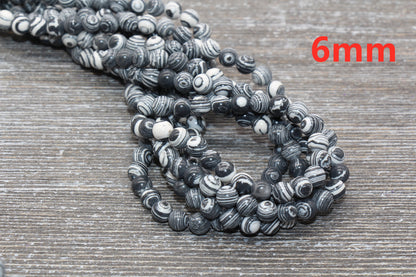 Peacock Stone Beads, Black White Malachite Synthetic Beads, Smooth Gemstone Round Beads, Sizes 4mm 6mm 8mm 10mm 12mm, Full Strand, #100
