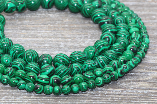 Peacock Stone Beads, Malachite Synthetic Beads, Smooth Gemstone Round Beads, Greenand Black Beads, Sizes 4mm 6mm 8mm 10mm 12mm #72