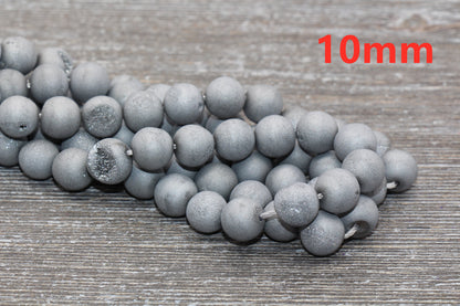 Silver Gray Druzy Agate Beads, Round Matte Gemstone Loose Beads, 6mm 8mm 10mm 12mm, Full Strand, #150