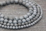 Silver Gray Druzy Agate Beads, Round Matte Gemstone Loose Beads, 6mm 8mm 10mm 12mm, Full Strand, #150
