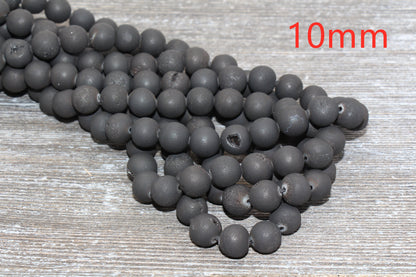 Black Druzy Agate Beads, Round Matte Gemstone Loose Beads, 6mm 8mm 10mm , Full Strand, #161