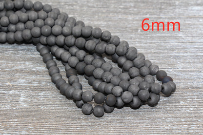 Black Druzy Agate Beads, Round Matte Gemstone Loose Beads, 6mm 8mm 10mm , Full Strand, #161