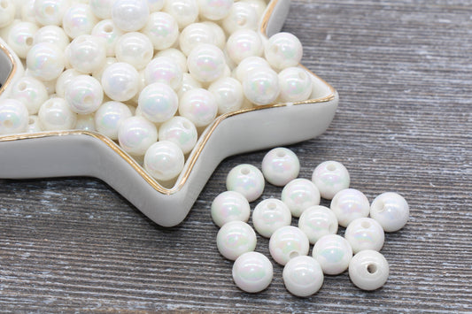 10mm White AB Gumball Beads, Iridescent Acrylic Loose Beads, Solid Bubblegum Beads, Chunky Beads, Glossy Smooth Round Plastic Beads #458