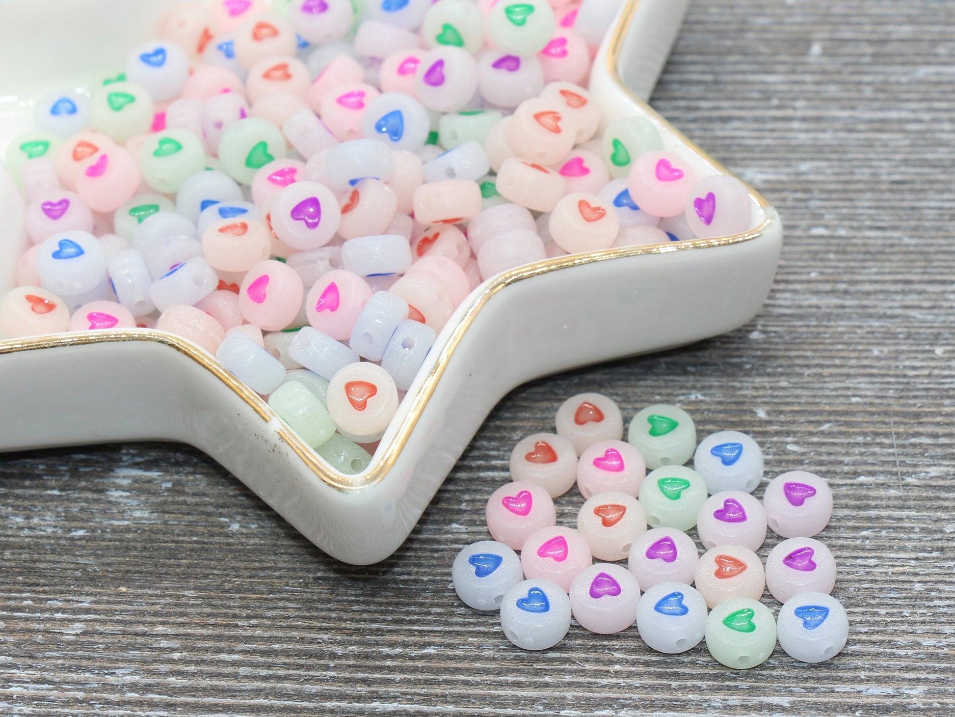 Glow in Dark Heart Beads, Multicolored Heart Plastic Round Beads, Acrylic round Beads, Size 7mm #501