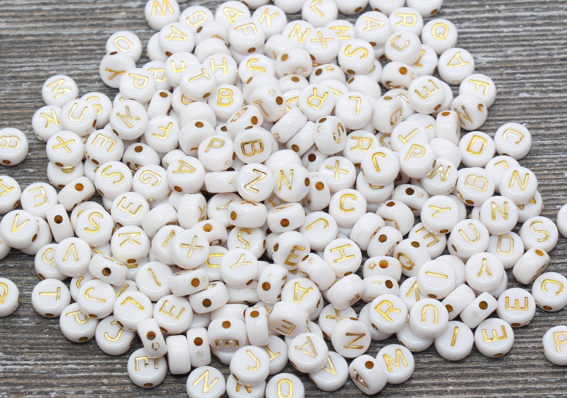 Alphabet Letter Beads, Acrylic White and Gold Letter Beads, Round Acrylic Beads, ABC Letter Beads, Name Beads, Size 7mm #83