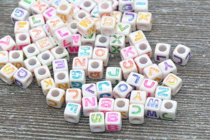 Multicolored Alphabet Letter Beads, Mixed AB White Acrylic Letter Beads, Plastic Letter Beads, Acrylic Square Name Beads, Size 7mm #364