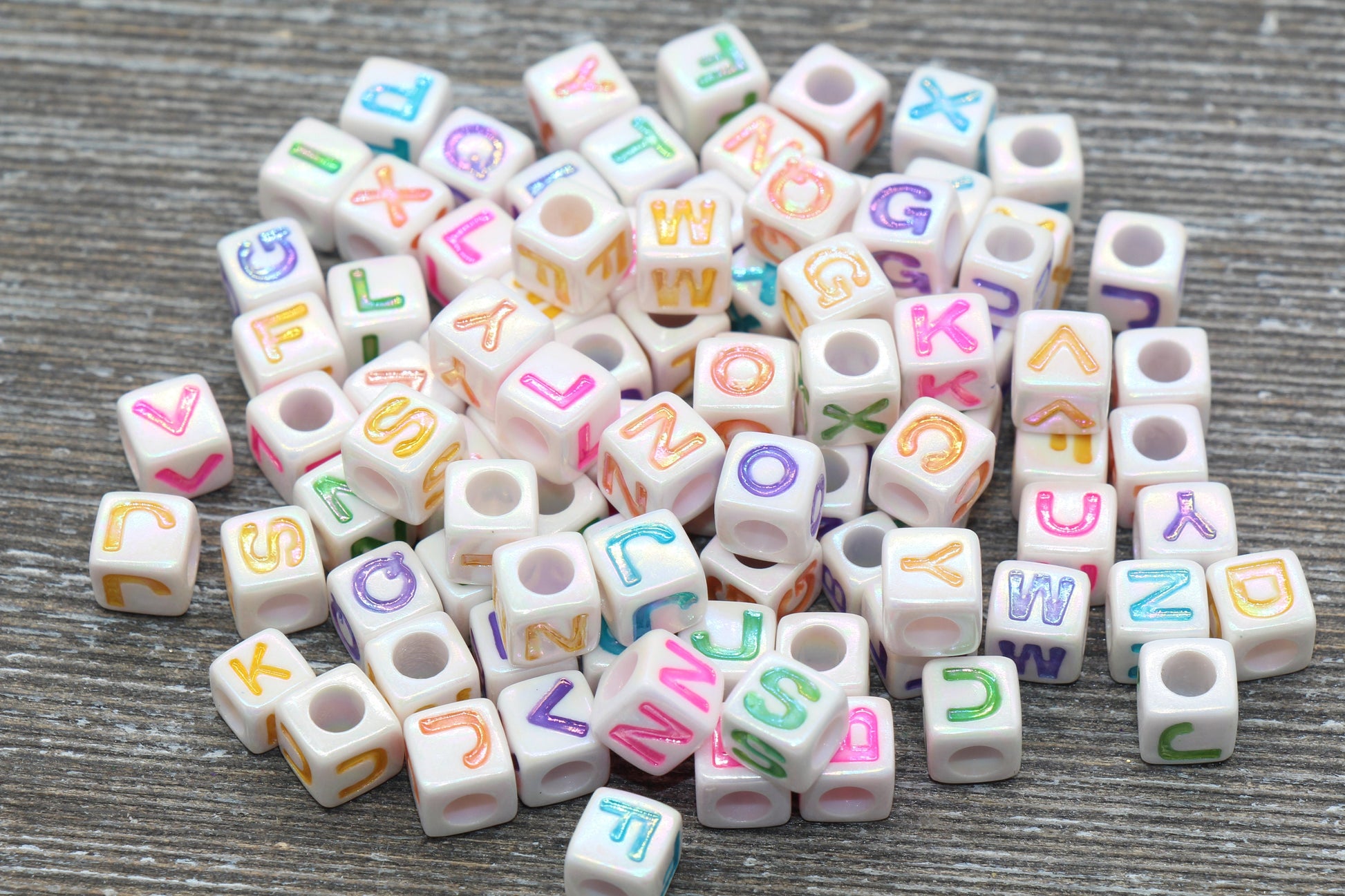 Multicolored Alphabet Letter Beads, Mixed AB White Acrylic Letter Beads, Plastic Letter Beads, Acrylic Square Name Beads, Size 7mm #364