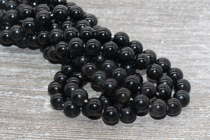Rainbow Black Obsidian Beads, Black Gemstone Smooth Round Loose Beads, Size 6mm 8mm 10mm 12mm, Full Strand 15 inch, #169