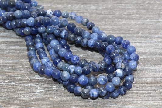 Blue Sodalite Beads, Gemstone Loose Beads, Blue White Beads, Smooth Round Beads, Size 6mm 8mm 10mm, Full Strand 15.5" #25