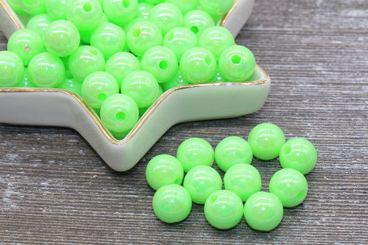 12mm Green AB Gumball Beads, Iridescent Acrylic Loose Beads, Solid Bubblegum Beads, Chunky Beads, Glossy Smooth Round Plastic Beads #465