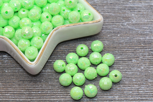 8mm Light Green AB Faceted Gumball Beads, Iridescent Acrylic Loose Beads, Disco Ball Beads, Chunky Beads, Faceted Plastic Beads #522