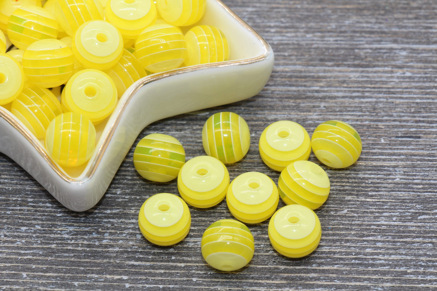 12mm Yellow Striped Acrylic Beads, Round Acrylic Loose Beads, Striped Bubblegum Beads, Chunky Bubble Gum Beads, Round Plastic Beads #651