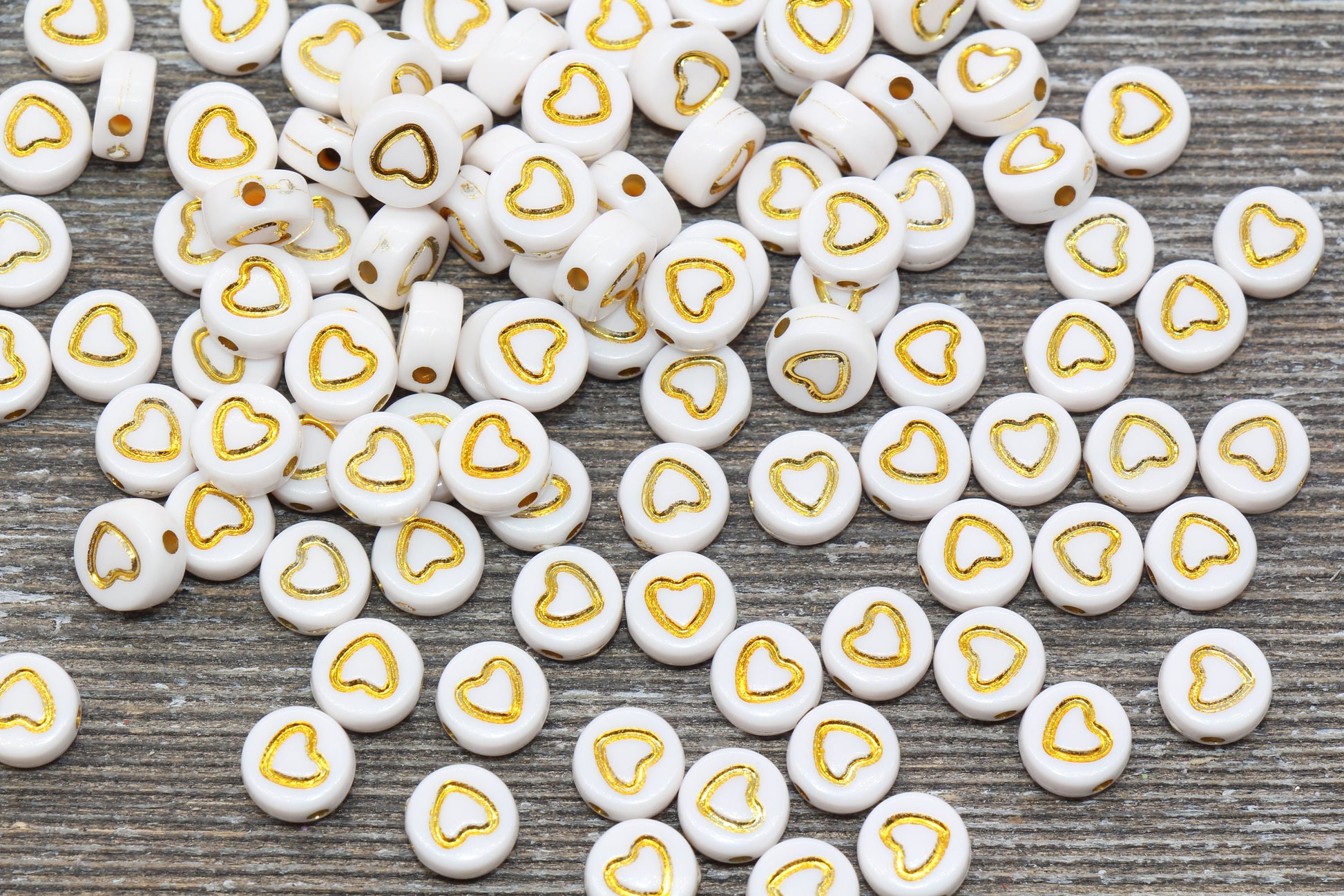 Gold Heart Beads, Acrylic White and Gold Heart Beads, Plastic Heart Beads, Acrylic Symbol Beads, Outline Heart Beads, Size 7mm #765