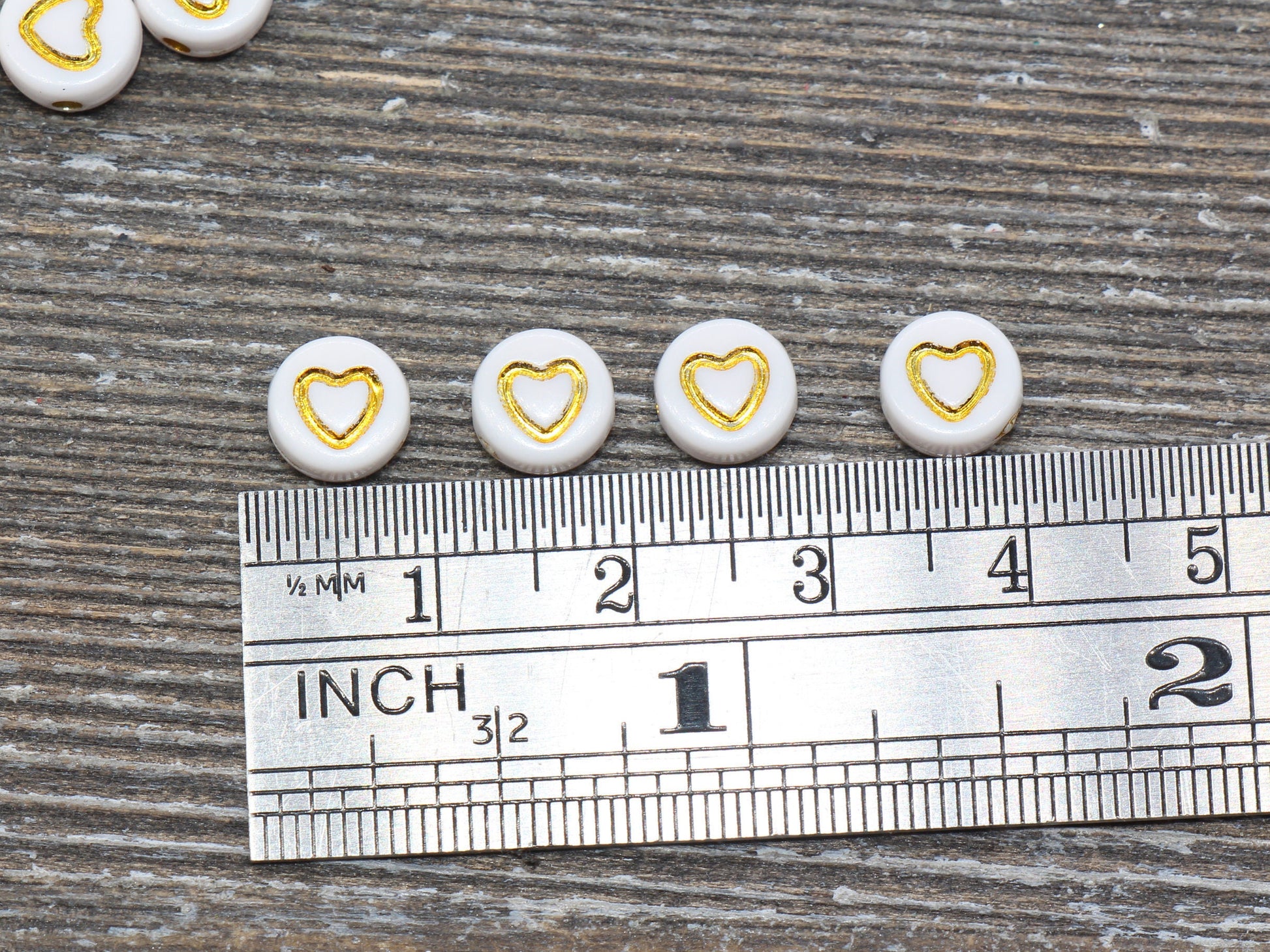 Gold Heart Beads, Acrylic White and Gold Heart Beads, Plastic Heart Beads, Acrylic Symbol Beads, Outline Heart Beads, Size 7mm #765