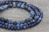 Blue Sodalite Beads, Gemstone Loose Beads, Blue White Beads, Smooth Round Beads, Size 6mm 8mm 10mm, Full Strand 15.5" #25