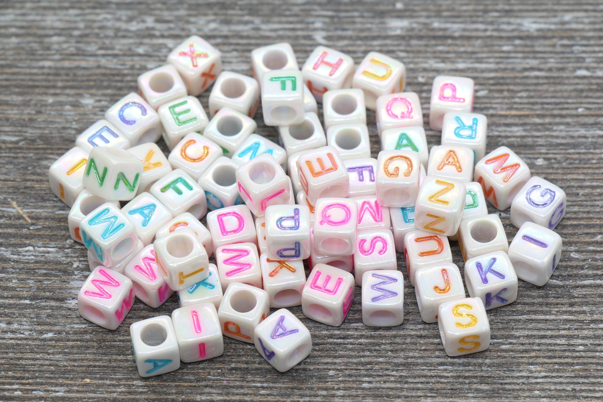 Multicolored Alphabet Letter Beads, Mixed AB White Acrylic Letter Beads, Plastic Letter Beads, Acrylic Square Name Beads, Size 6mm #724