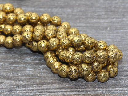 Lava Beads, Antique Gold Plating Volcanic Rock Beads, Round Gemstone Beads, Electroplated, Sizes 6mm, 8mm 10mm, Full Strand 15.5 #135