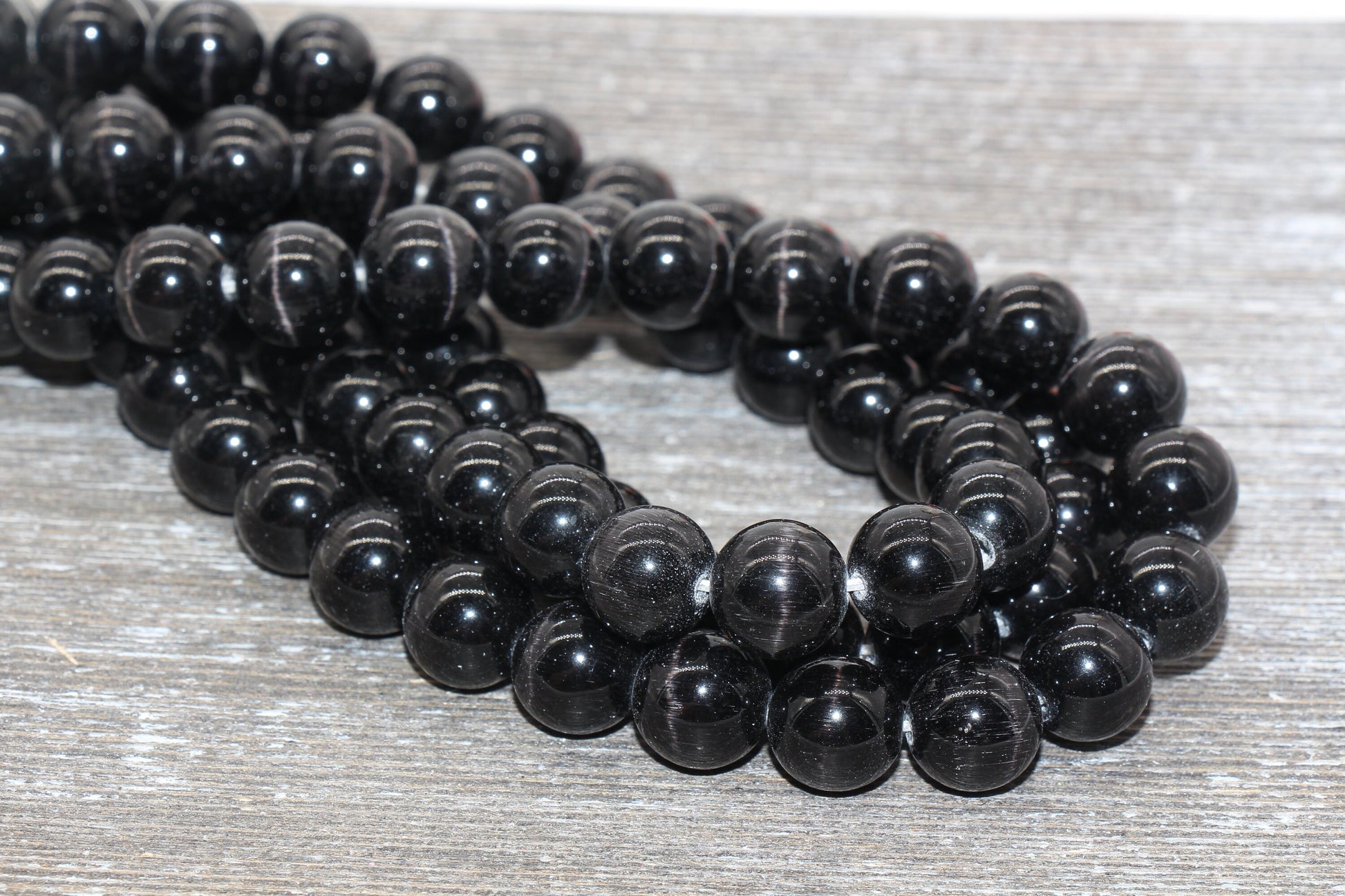 Black Cat Eye Beads, Smooth Round Beads, Sizes 4mm 6mm 8mm 10mm 12mm, Full Strand 15.5 inch, #176