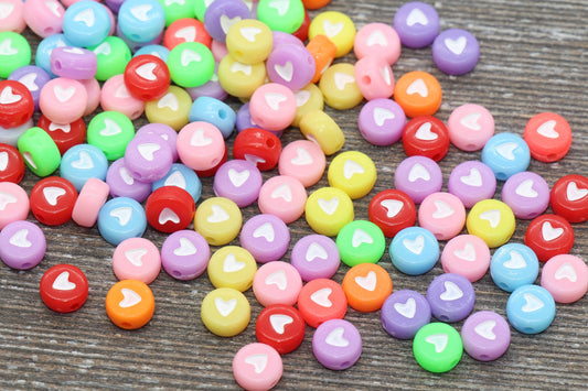 Assorted Heart Beads, Mix Colors Acrylic Heart Beads, Multicolor Plastic Heart Beads, Round Beads, Acrylic Symbol Beads, Size 7mm #762