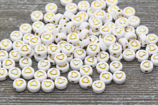 Gold Heart Beads, Acrylic White and Gold Heart Beads, Plastic Heart Beads, Acrylic Symbol Beads, Outline Heart Beads, Size 7mm #765