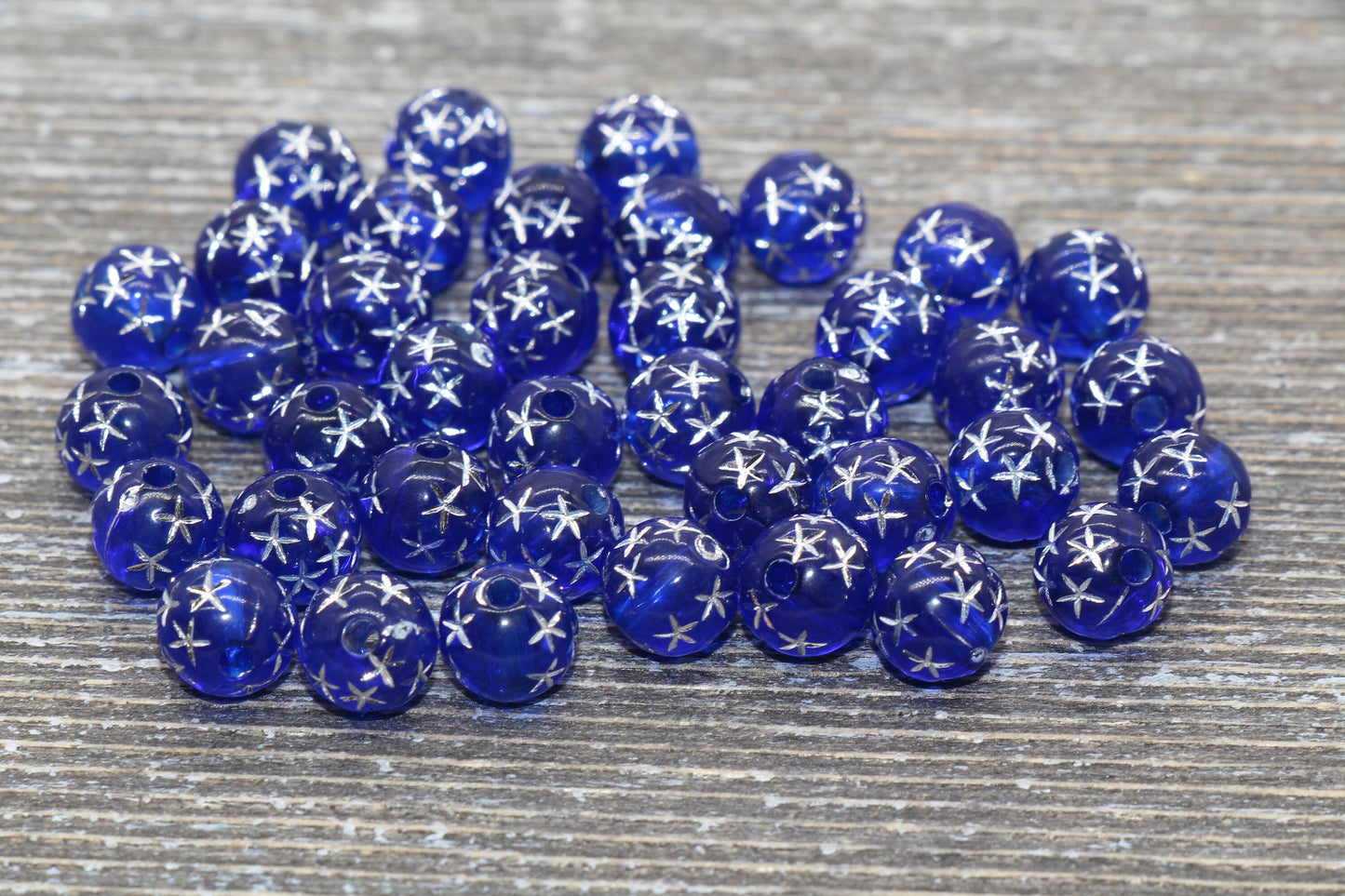 8mm Royal Blue Gumball Beads with Silver Stars, Round Acrylic Loose Beads, Bubblegum Beads, Chunky Beads, Smooth Plastic Round Beads #504