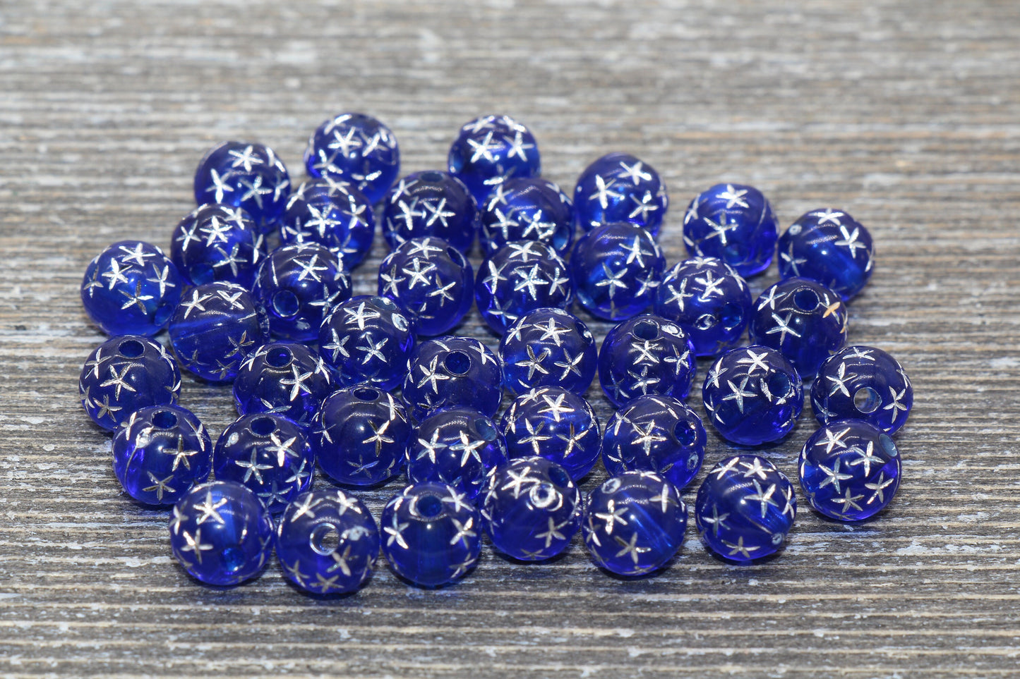 8mm Royal Blue Gumball Beads with Silver Stars, Round Acrylic Loose Beads, Bubblegum Beads, Chunky Beads, Smooth Plastic Round Beads #504