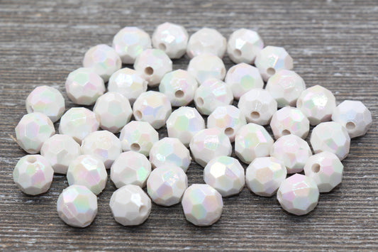 10mm AB White Faceted Gumball Beads, Iridescent Faceted Round Acrylic Loose Beads, Chunky Beads, Faceted Plastic Beads, Bubble Gum Beads#787 - Yourdiysupply