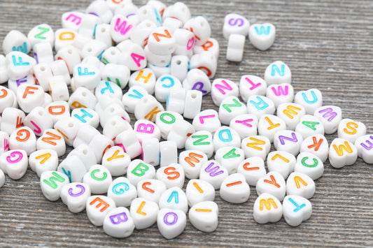 Multicolor Heart Alphabet Letter Beads, White Heart Letters Beads, Mixed Acrylic Alphabet Beads, Name Beads 7mm #230