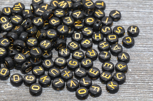 Gold Alphabet Letter Beads, Acrylic Black and Gold Letters Beads, Round Acrylic Beads, Mix Letter Beads, Name Beads, 7mm #134