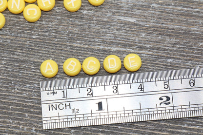 Yellow Alphabet Letter Beads, Acrylic Yellow and White Letter Beads, Flat Round Acrylic Letter Beads, Initial Beads, Name Beads 7mm #43