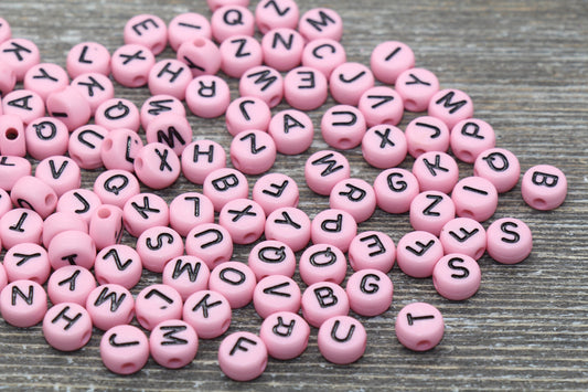 Light Pink Alphabet Letter Beads, Acrylic Pink with Black Letter Beads, Round Acrylic Beads, Name Initial Beads, Bracelet Beads, Size 7mm #5