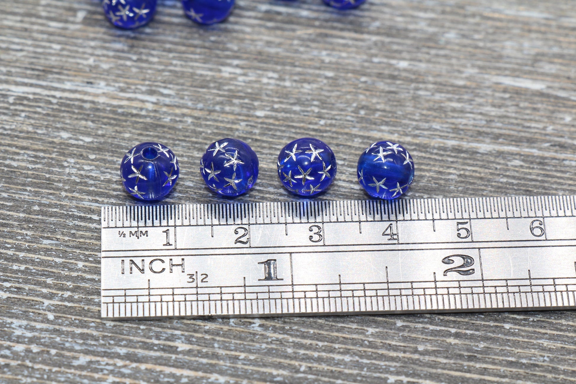 8mm Royal Blue Gumball Beads with Silver Stars, Round Acrylic Loose Beads, Bubblegum Beads, Chunky Beads, Smooth Plastic Round Beads #504