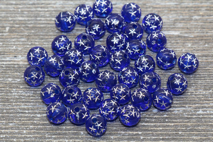 8mm Royal Blue Gumball Beads with Silver Stars, Round Acrylic Loose Beads, Bubblegum Beads, Chunky Beads, Smooth Plastic Round Beads #504